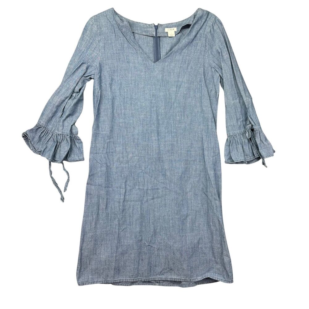 J. Crew Dress Women's 2 Blue Shift V Neck 3/4 Bell Sleeve Bows Shirt Knee Length